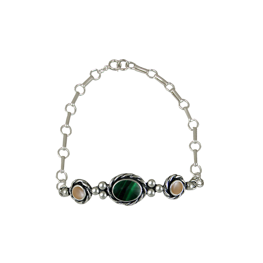 Sterling Silver Gemstone Adjustable Chain Bracelet With Malachite And Peach Moonstone